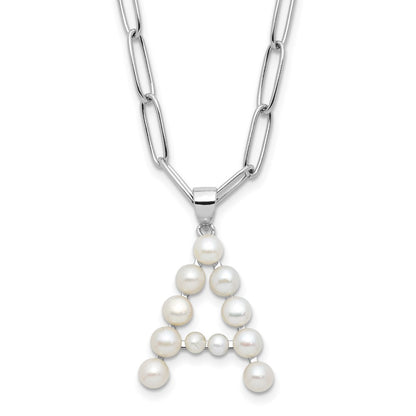 Sterling Silver 3-5.5mm White Button Cultured Pearl LETTER A Necklace 18"