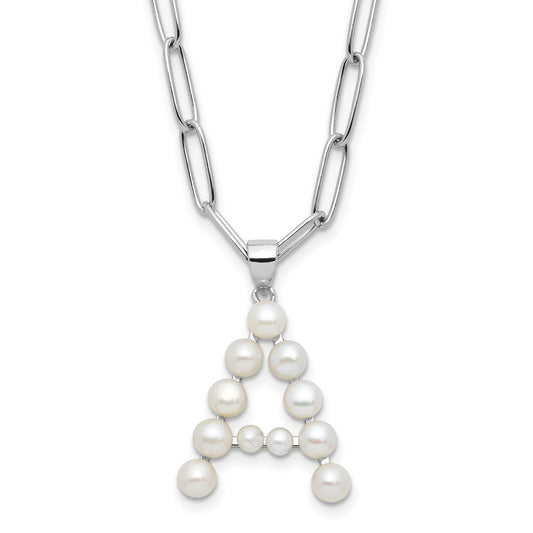 Sterling Silver 3-5.5mm White Button Cultured Pearl LETTER A Necklace 18"