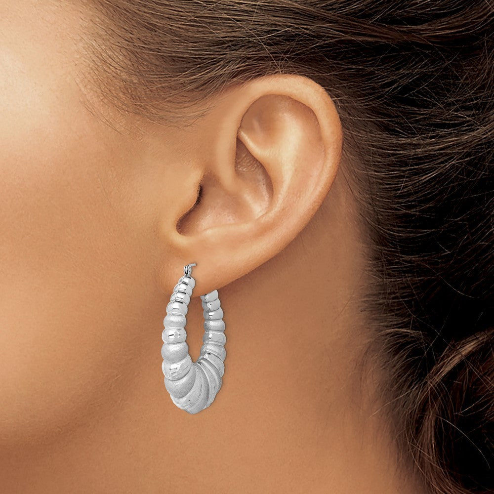 Sterling Silver Rhodium-plated Satin & Diamond-Cut Shrimp Oval Hoop Earrings