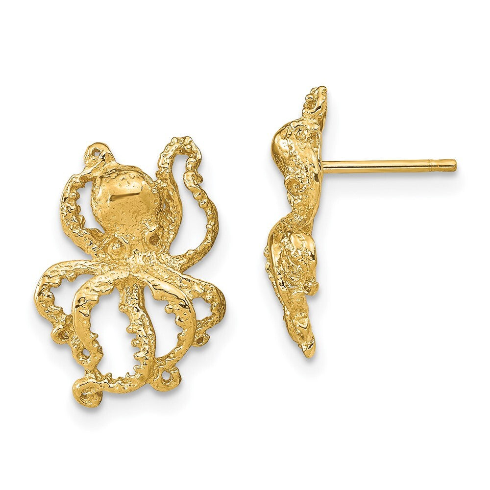 14k Yellow Gold 2-D Polished Octopus Stud Earrings Gift for Women