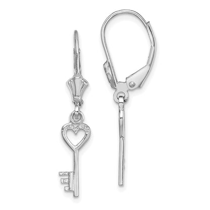 14K White Gold Polished Heart Key Drop Dangle Earrings