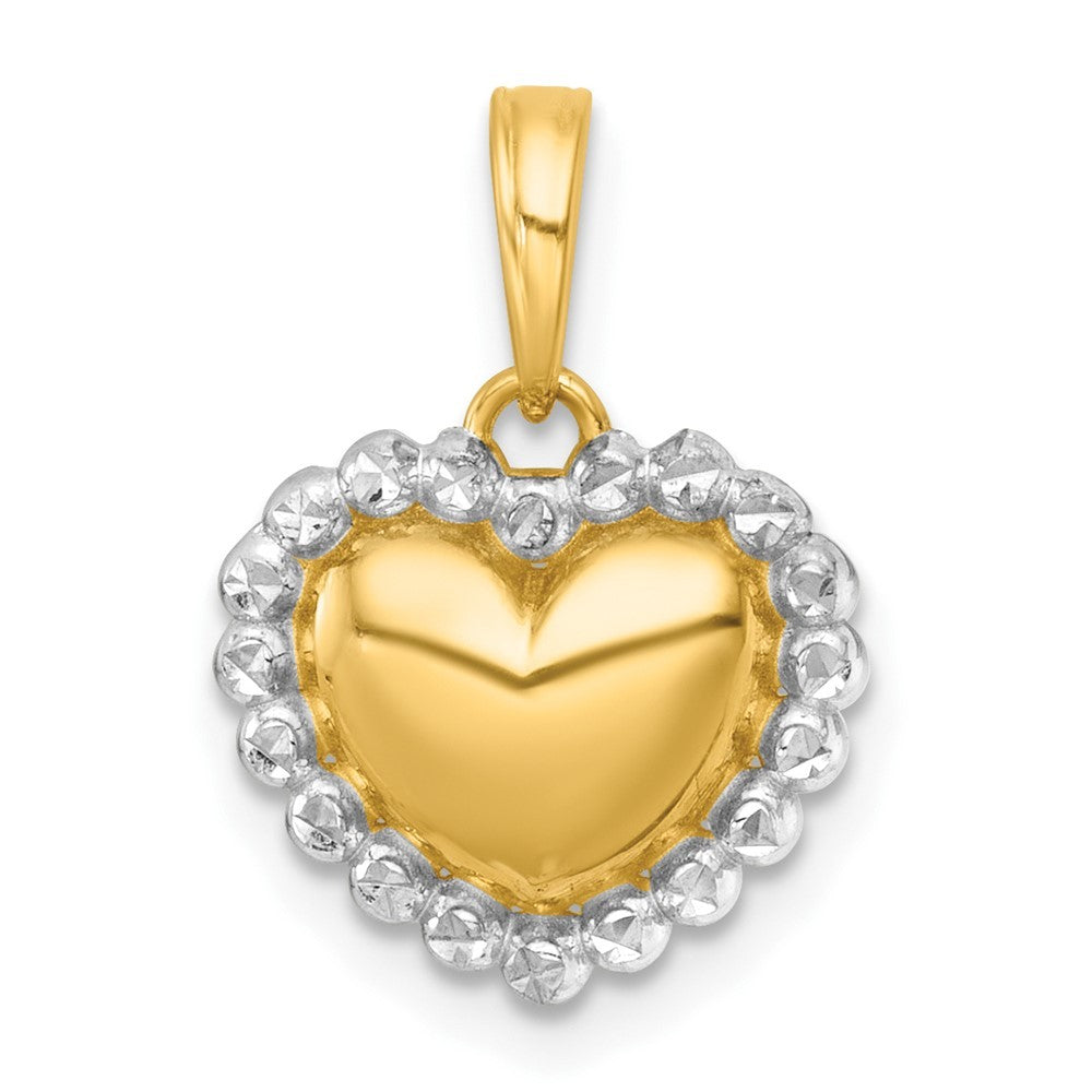 14k Yellow Gold with White Rhodium Polished Domed Heart Charm Pendant