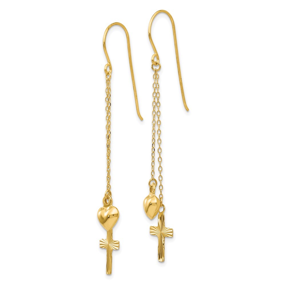 14k Yellow Gold Ropa Chain Puffed Heart and Diamond Cut Cross Dangle Earrings