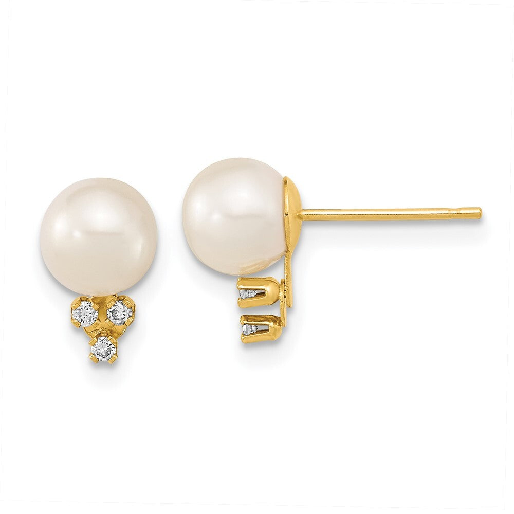 14k Yellow Gold 6-7mm Cultured Pearl & .06 Carat Diamond Stud Earrings for Women