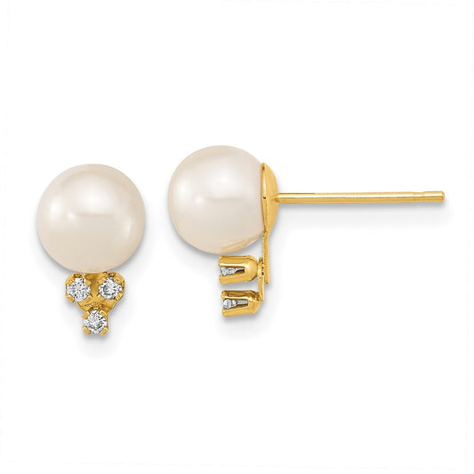 14k Yellow Gold 6-7mm Cultured Pearl & .06 Carat Diamond Stud Earrings for Women