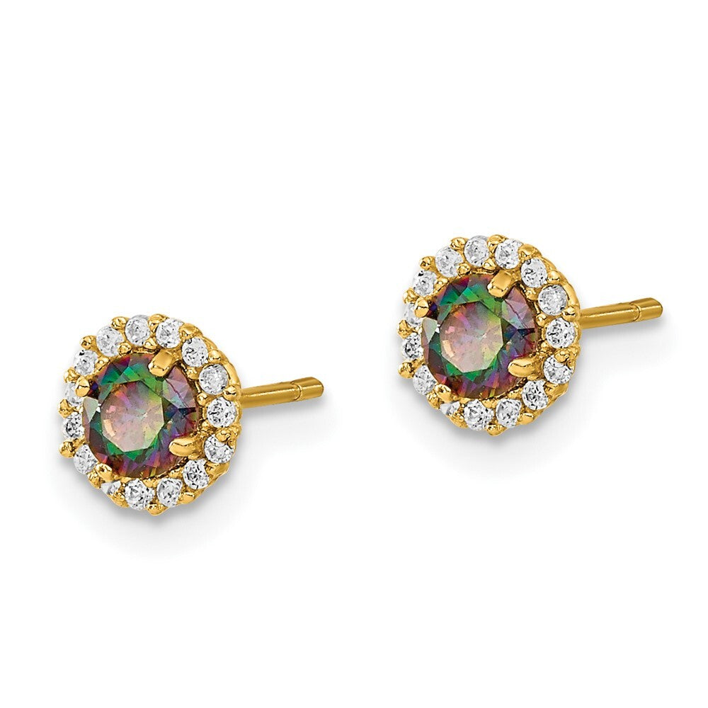 14k Yellow Gold Mystic & Clear Cubic Zirconia Stud Earrings Gift for Women