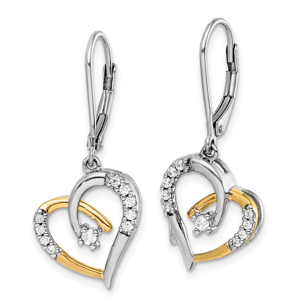 14k Yellow and White Gold Diamond Heart Leverback Drop & Dangle Earrings