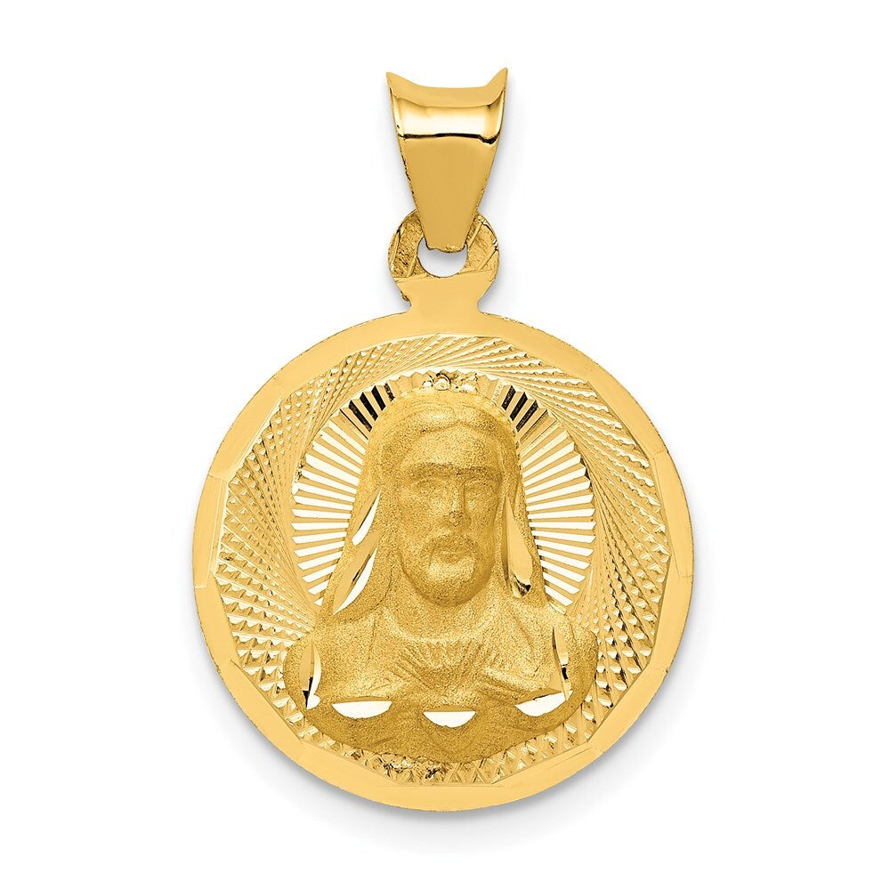 14k Yellow Gold Polished Diamond-Cut Sagrado Corazon Circle Pendant for Women
