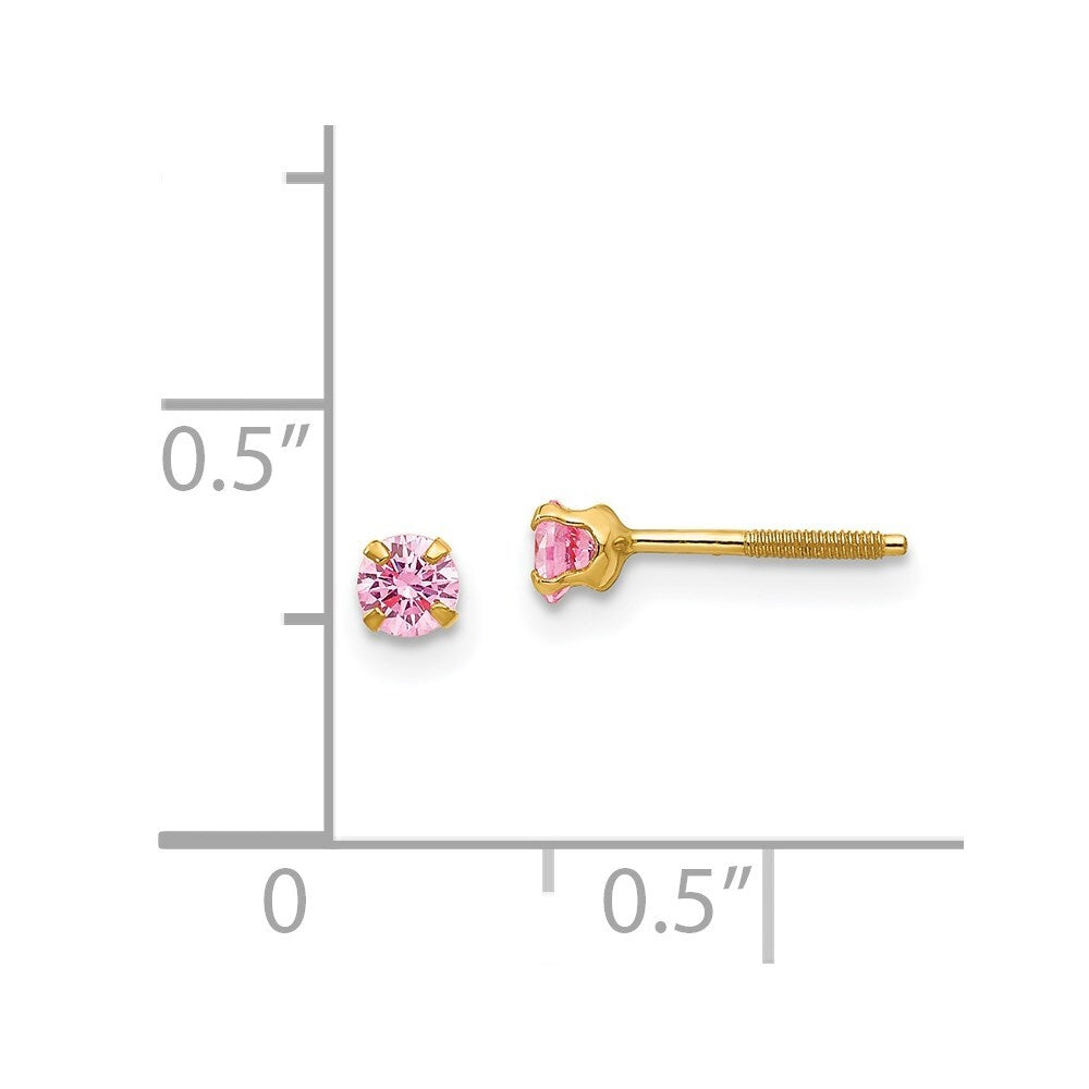 14k Yellow Gold 3mm Imitation Pink Tourmaline Birthstone Stud Earrings (Oct)