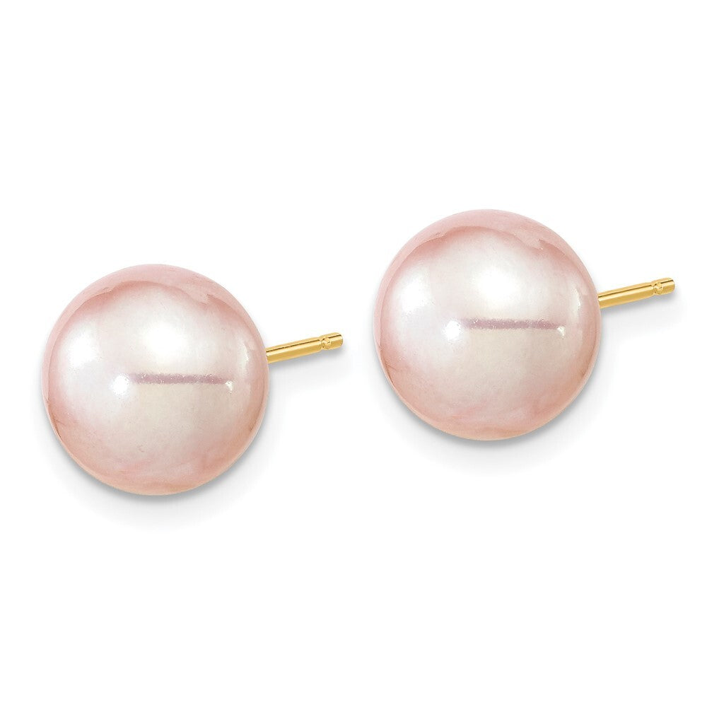 14k Yellow Gold 9-10mm Purple Round Freshwater Cultured Pearl Stud Earrings