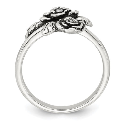 Sterling Silver Antiqued Polished Cubic Zirconia Flower Ring Size 7