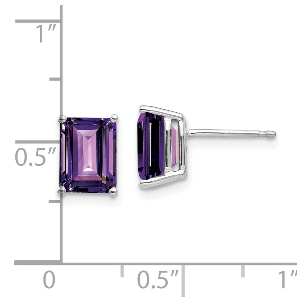 14k White Gold 8x6mm Emerald Cut Amethyst Stud Earrings Gift for Women