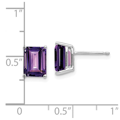 14k White Gold 8x6mm Emerald Cut Amethyst Stud Earrings Gift for Women