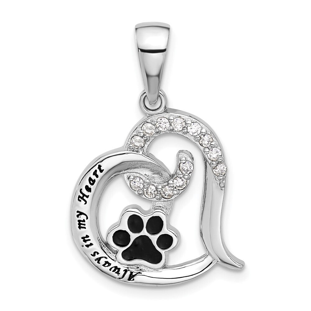 Sterling Silver Rh-plated Enamel Cubic Zirconia  Paw ALWAYS IN MY HEART Pendant