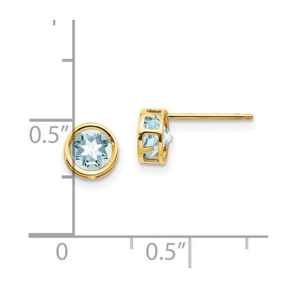 14k Yellow Gold 5mm Bezel Aquamarine Stud Earrings Gift for Women