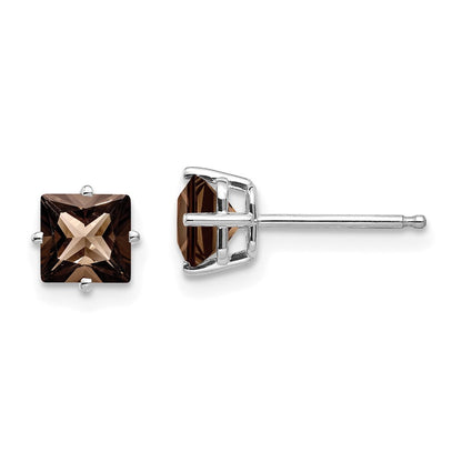 14K White Gold 5mm Square Smoky Quartz Earrings