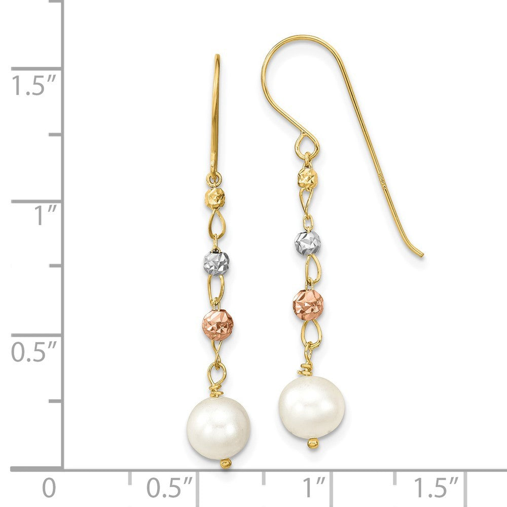 14K Two Tone Diamond-Cut Freshwater Cultured Pearls Dangle Earrings