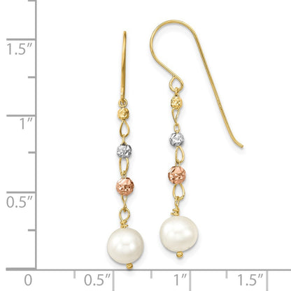 14K Two Tone Diamond-Cut Freshwater Cultured Pearls Dangle Earrings