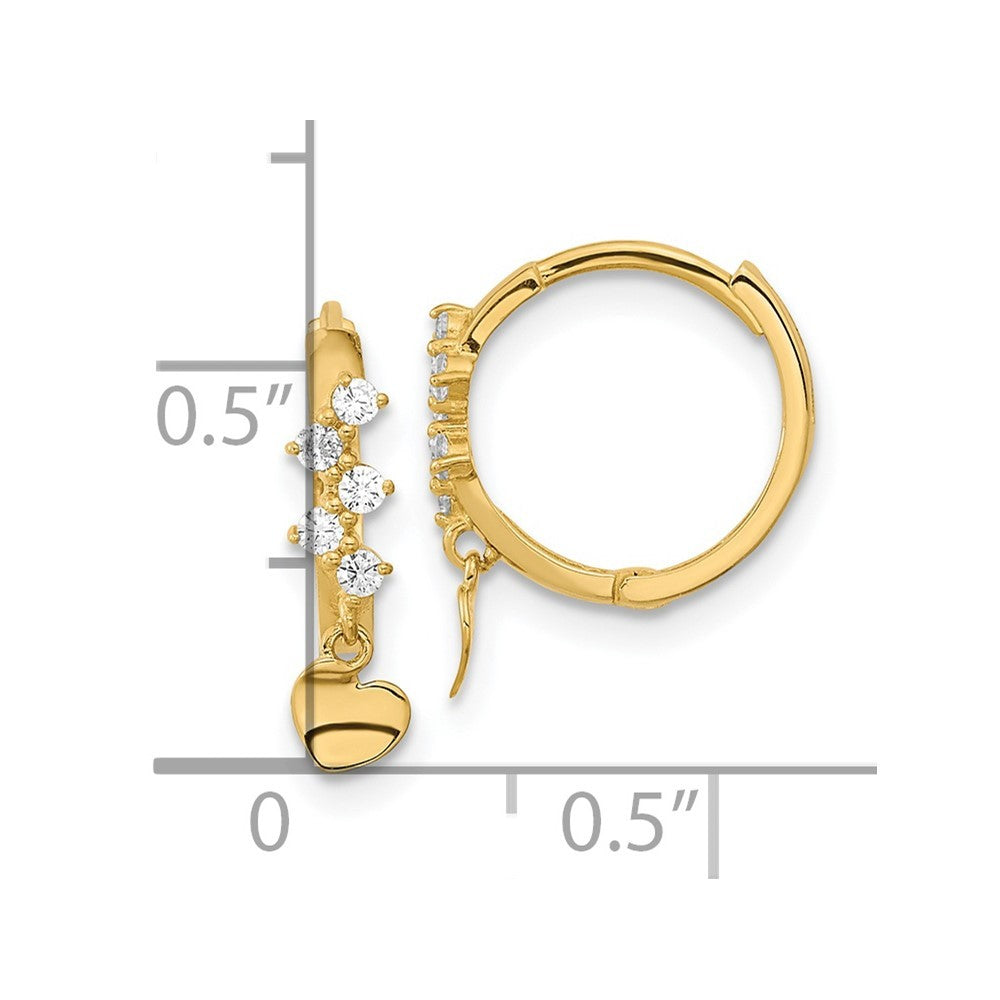 14k Yellow Gold CZ Heart Dangle Hinged Hoop Earrings