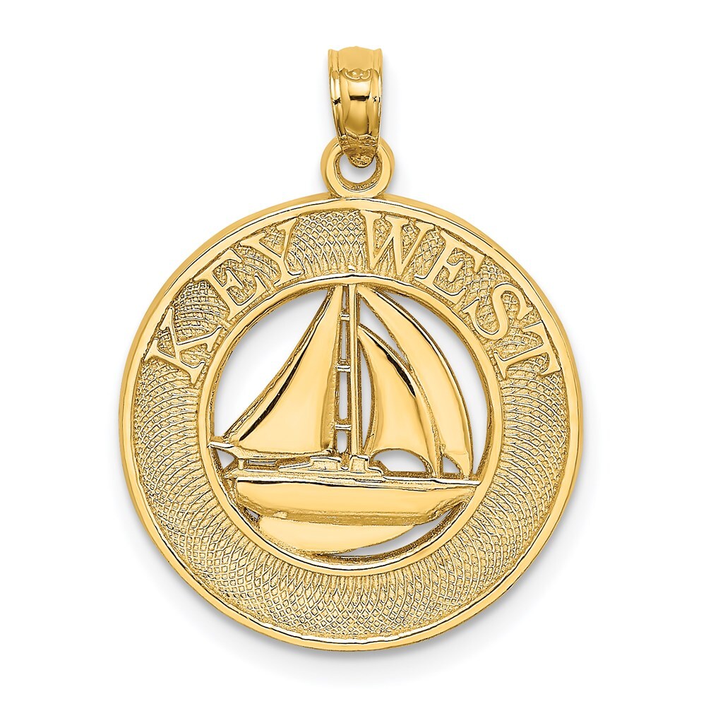 14k Yellow Gold KEY WEST Sailboat Circle Charm Pendant for Women