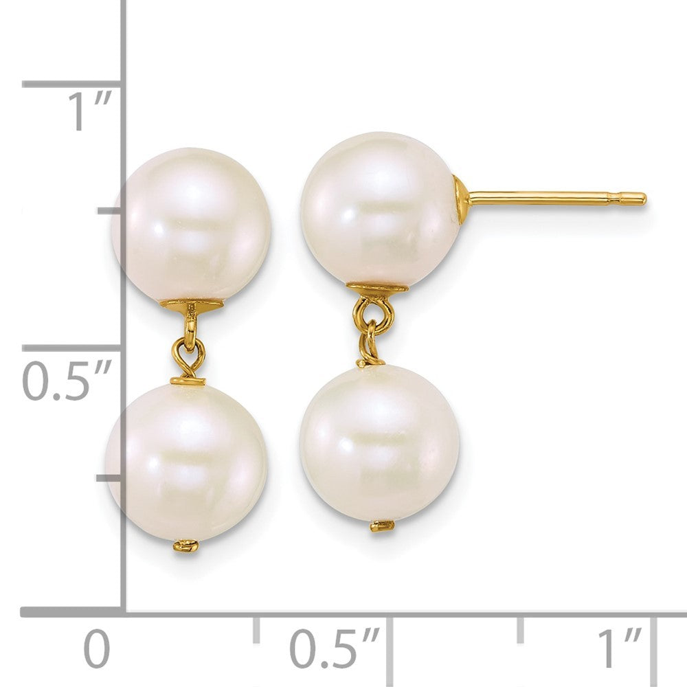 14k Yellow Gold 7-8mm Round White Cultured 2-Pearl Dangle Post Earrings