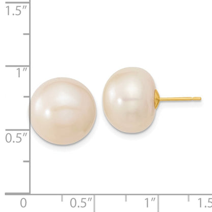 14k Yellow Gold 13-14mm White Button Freshwater Cultured Pearl Stud Earrings