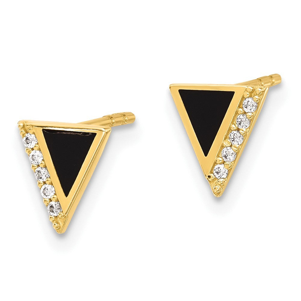 14k Yellow Gold CZ Black Epoxy Triangle Earrings