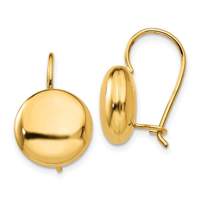 14k Yellow Gold Polished 12mm Button Kidney Wire Drop & Dangle Earrings