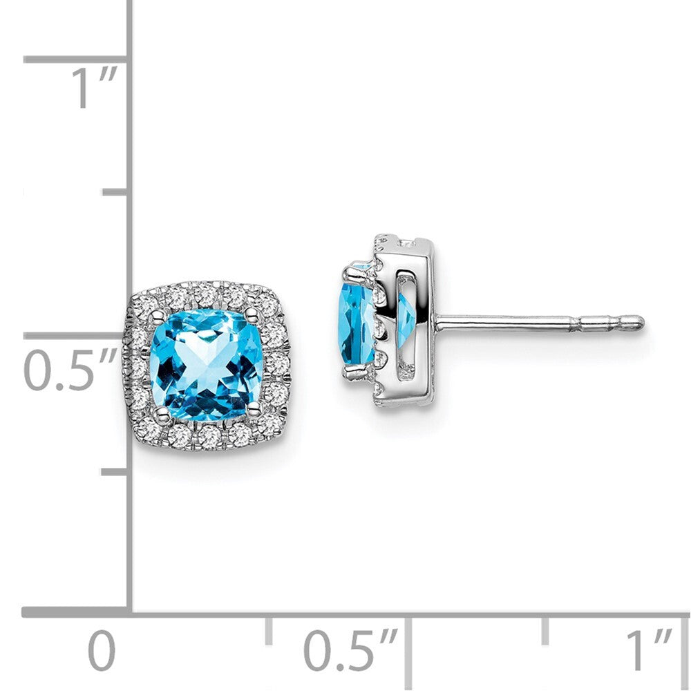 14k White Gold Cushion Blue Topaz and Diamond Halo Stud Earrings