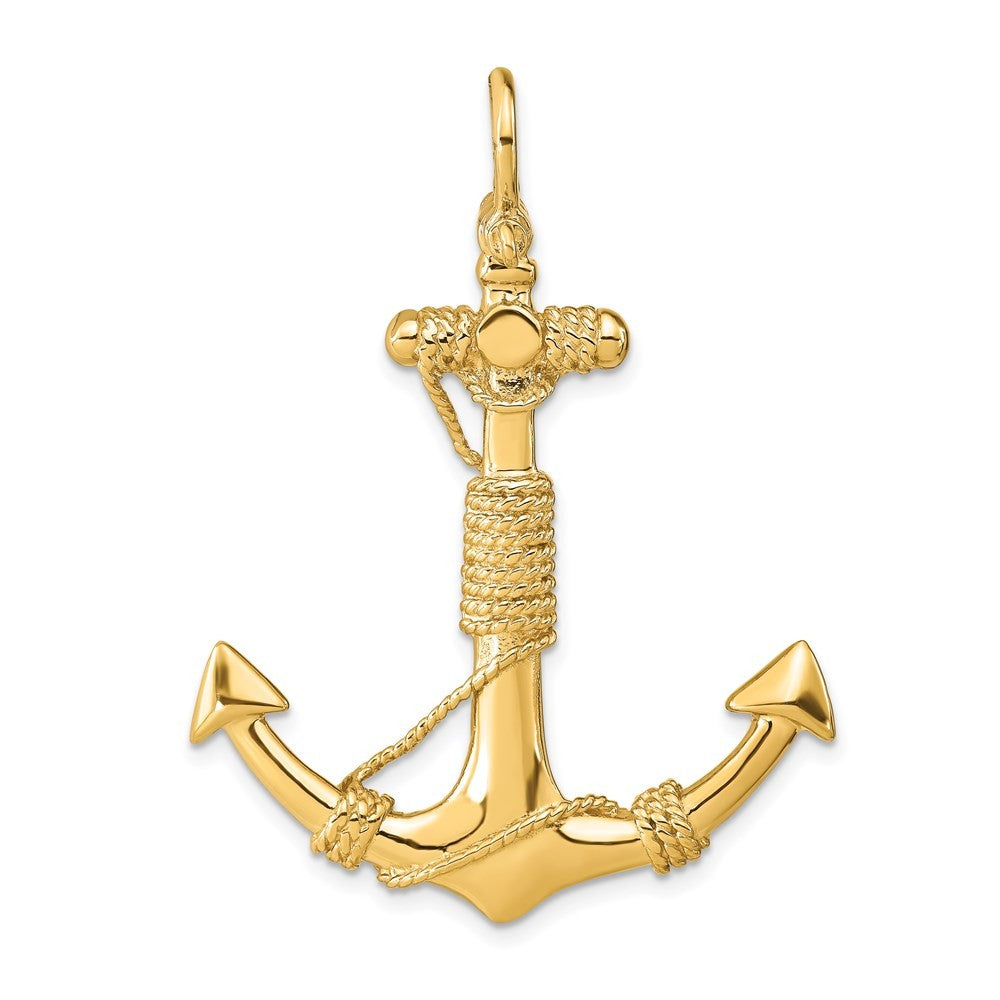 14k Yellow Gold 3-D Solid Anchor with Rope Pendant