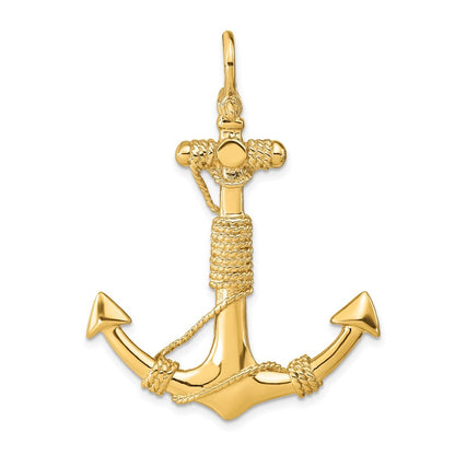 14k Yellow Gold 3-D Solid Anchor with Rope Pendant