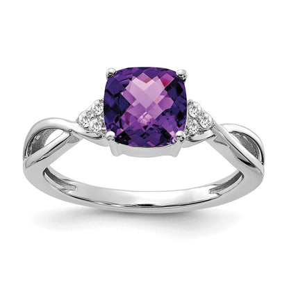 14K White Gold Checkerboard Amethyst and Diamond Ring Size 7