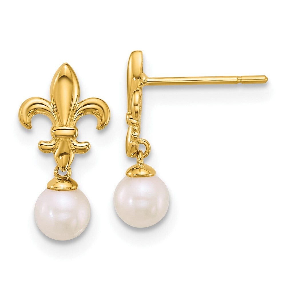 14k Yellow Gold Polished Fleur de Lis 3-4mm Cultured Pearl Dangle Earrings