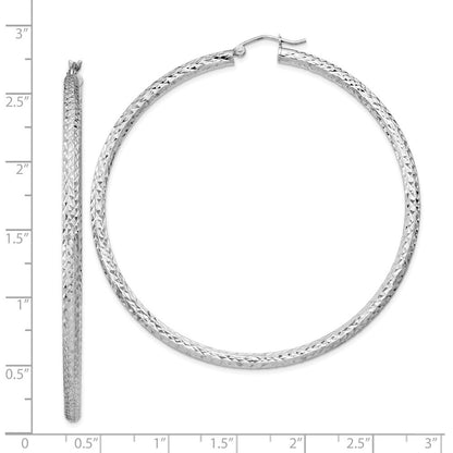 Sterling Silver Rhodium-plated Diamond-cut 3x65mm Hoop Earrings