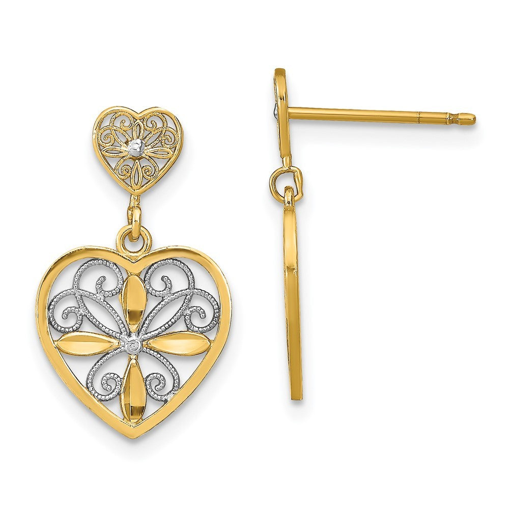 14k Yellow Gold w/RH Flower and Heart Beaded Filigree Dangle Earrings