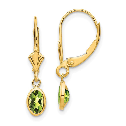 14k Yellow Gold 6x4 Oval Bezel August/Peridot Leverback Earrings Gift for Women