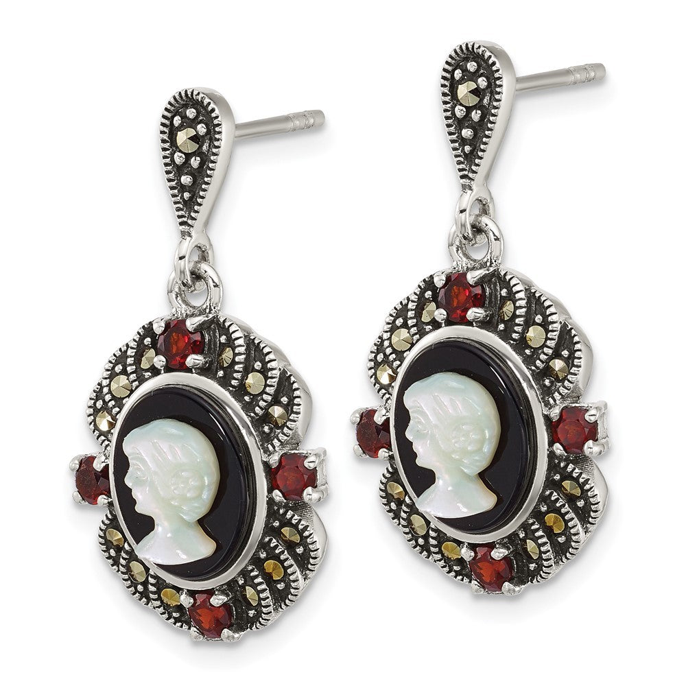 Sterling Silver Marcasite Garnet Agate and Mother of Pearl Cameo Dangle Earrings