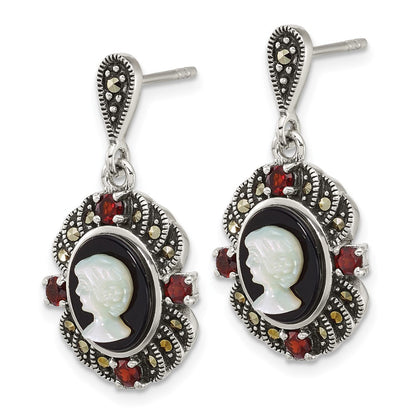 Sterling Silver Marcasite Garnet Agate and Mother of Pearl Cameo Dangle Earrings