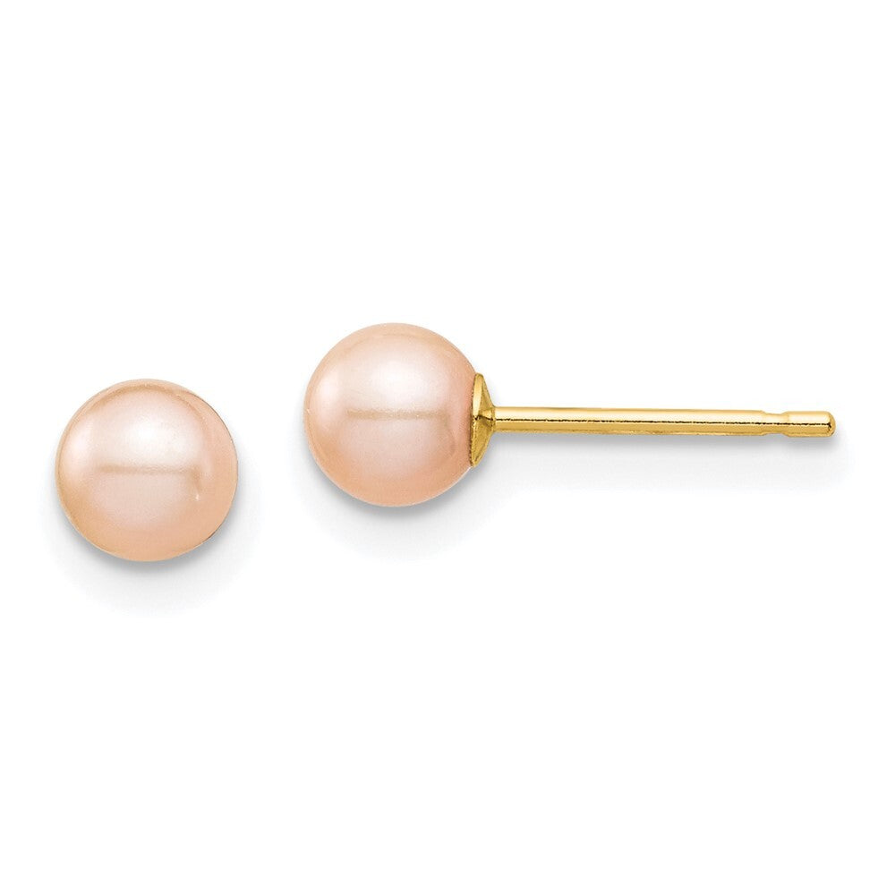 14k Yellow Gold 4-5mm Pink Round Freshwater Cultured Pearl Stud Earrings