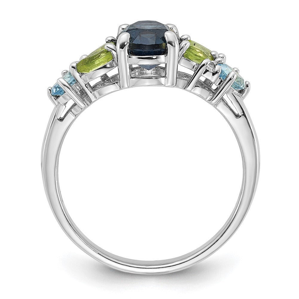 SS Rhodium London Lt.Swiss Blue/White Topaz and Peridot Ring Size 8