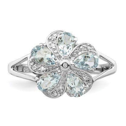Sterling Silver Rhodium Aquamarine Diamond Ring Size 6