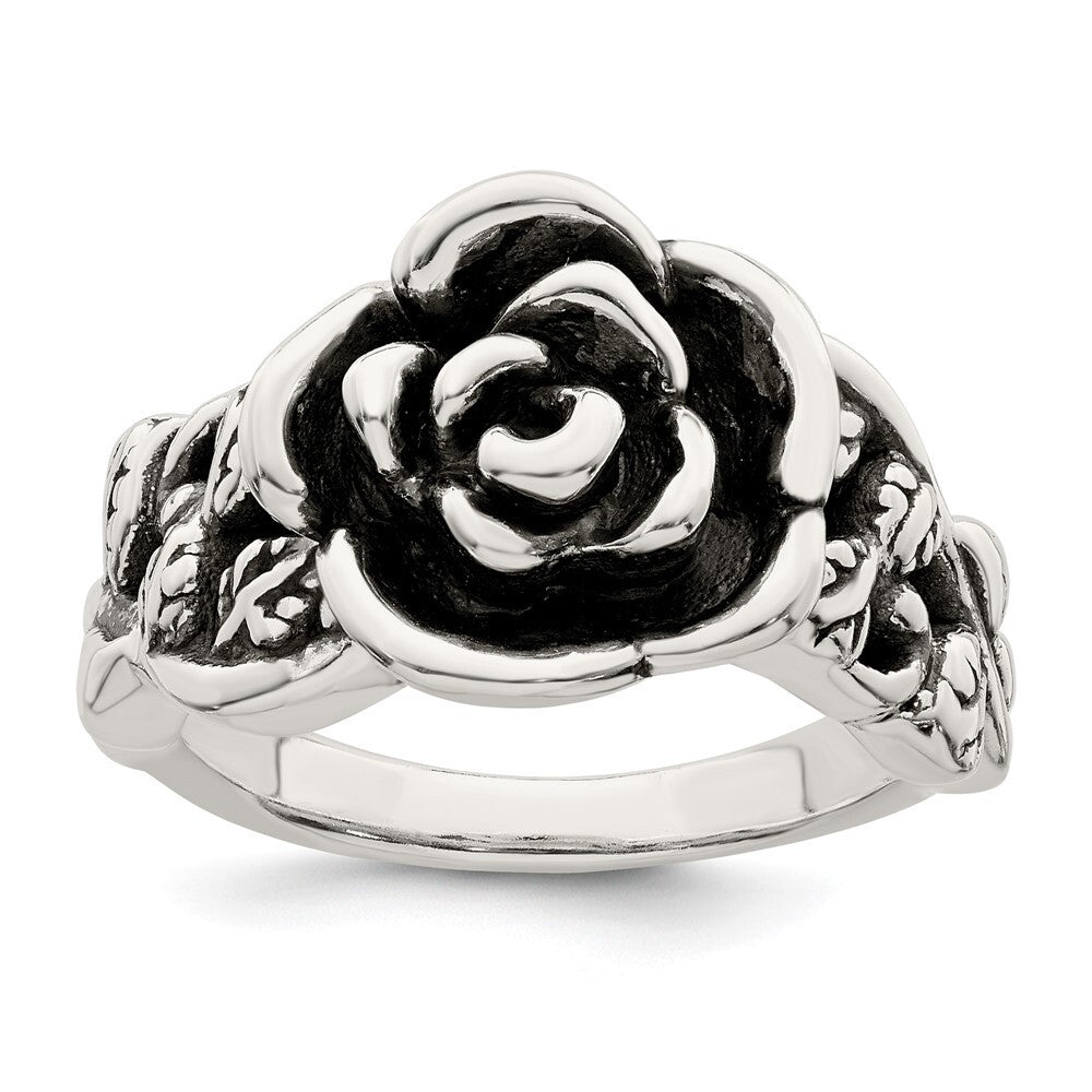 Sterling Silver Antiqued Rose Flower Ring Size 8