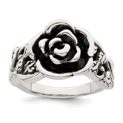 Sterling Silver Antiqued Rose Flower Ring Size 8