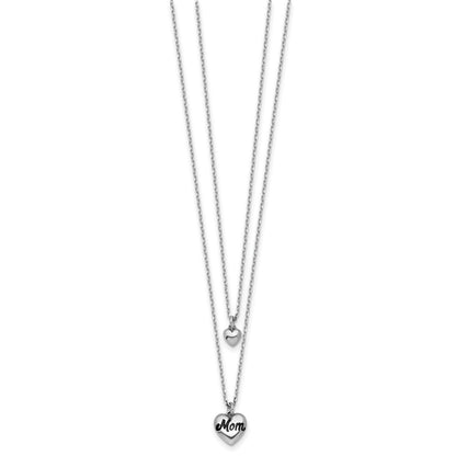 Sterling Silver Black Enamel MOM Puffed Heart and Small Heart 16" Necklace