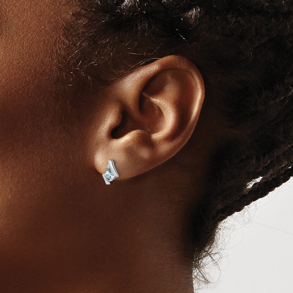 14K White Gold Cushion Aquamarine and Diamond Stud Earrings Gift for Women