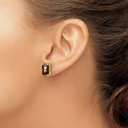 14k Yellow Gold 9x7 Emerald Smoky Quartz Stud Earrings Gift for Women