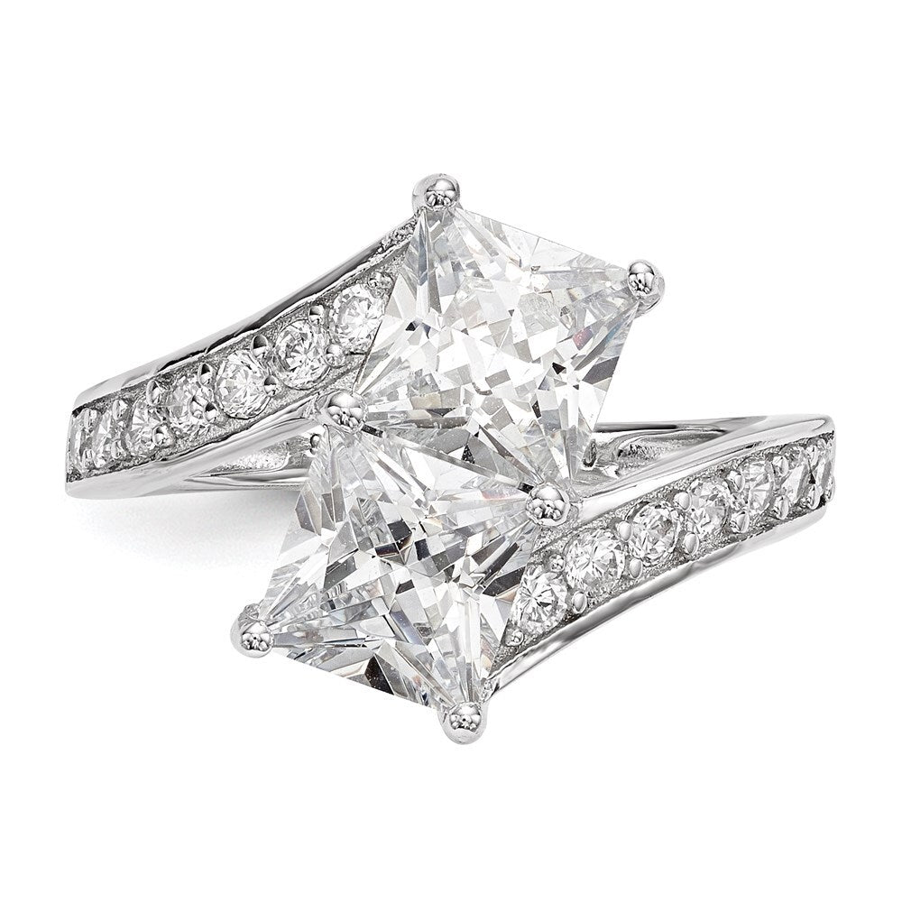 Sterling Silver Rhodium-plated Cubic Zirconia Two Stone Square Bypass Ring SZ 8