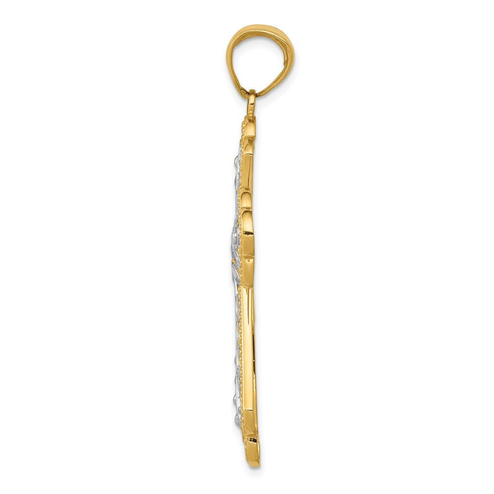 14k Yellow Gold Rhodium Diamond-cut Filigree Cut-out Cross Pendant