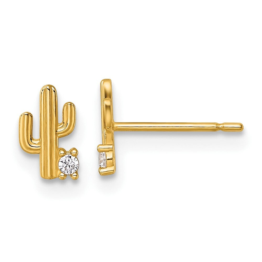14k Yellow Gold Polished Cubic Zirconia Cactus Stud Earrings Gift for Women