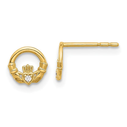 14k Yellow Gold Cubic Zirconia Claddagh Stud Earrings Gift for Women
